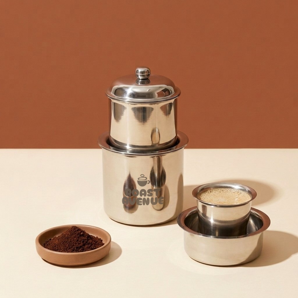 A polished steel South Indian filter on a cream table against a terracotta wall, the Roast Avenue logo etched large on its front, beside a steel tumbler of milky coffee and a dish of ground coffee.
