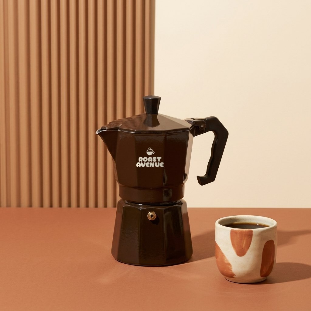 A dark brown moka pot with the Roast Avenue logo printed large in cream on its front, beside a fluted cinnamon panel and a cream cup of black coffee.