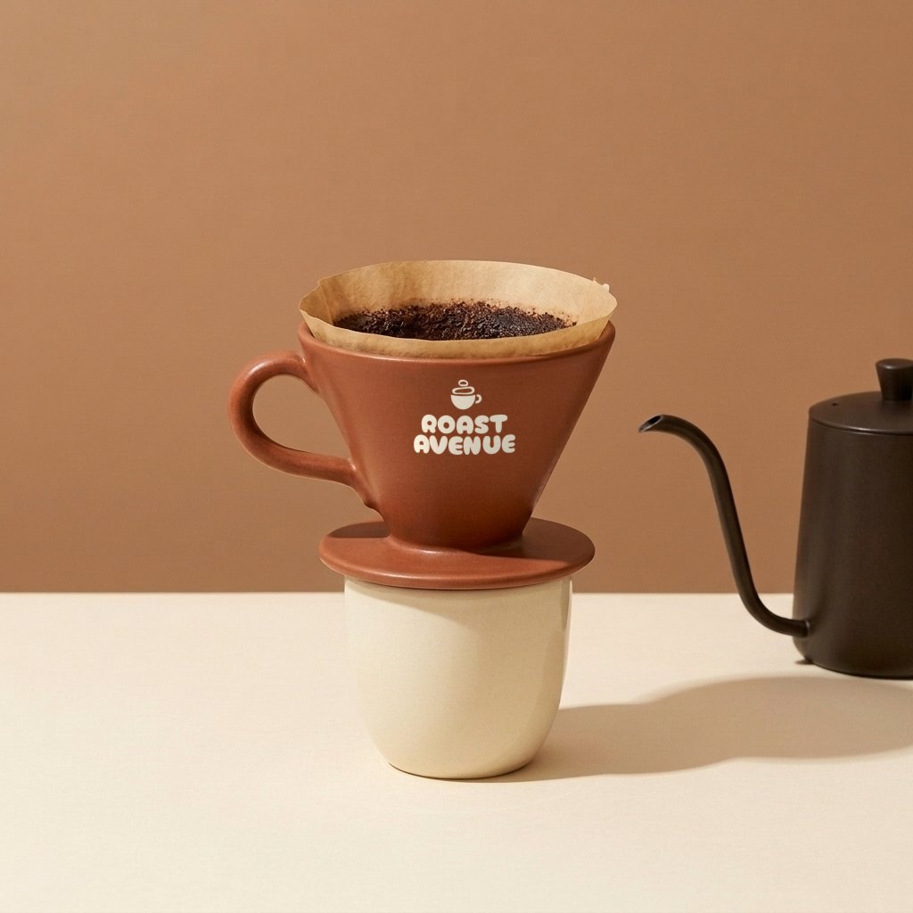 A terracotta pour-over cone with the Roast Avenue logo printed large in cream, holding a paper filter of ground coffee on a cream cup, a dark brown kettle beside it.