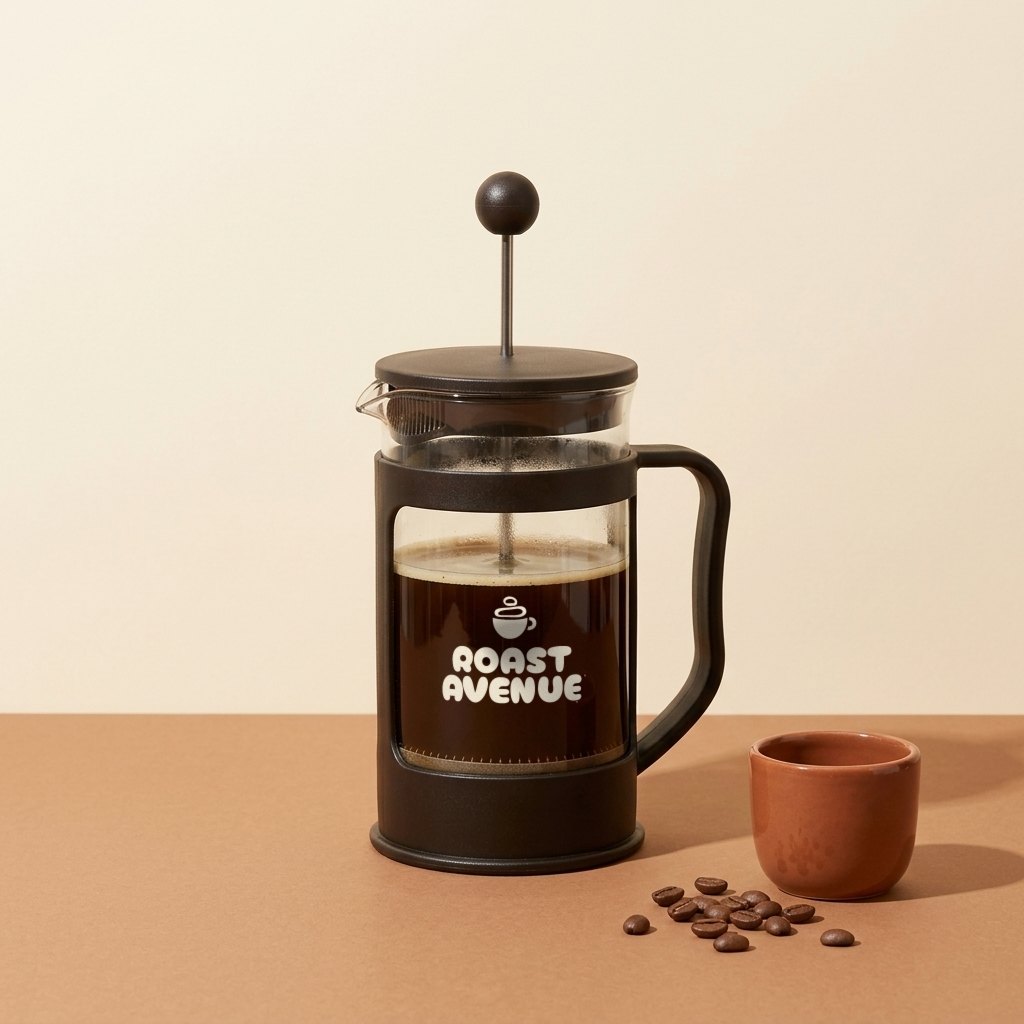 A French press of glass in a dark brown frame, full of black coffee, the Roast Avenue logo printed large in cream on its glass, beside a terracotta cup and a few beans.