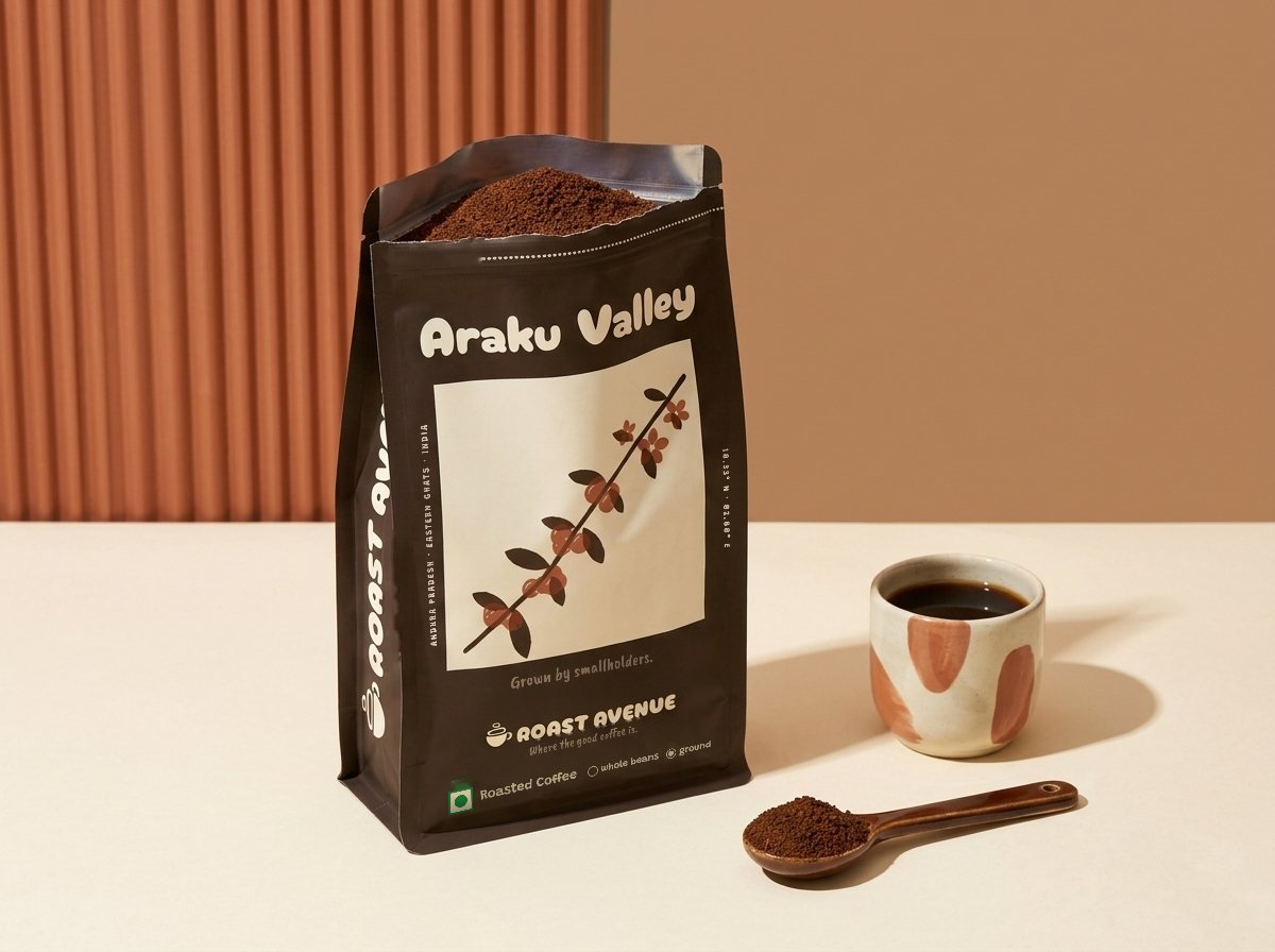The Araku Valley pouch standing open on cream paper, ground coffee inside and “ground” ticked on its front, a dark brown spoon of ground coffee in front and a terracotta fluted panel behind.