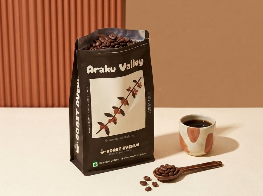 The Araku Valley pouch standing open on cream paper, whole roasted beans inside and “whole beans” ticked on its front, a dark brown spoon of beans in front, a cream cup of black coffee beside it and a terracotta fluted panel behind.