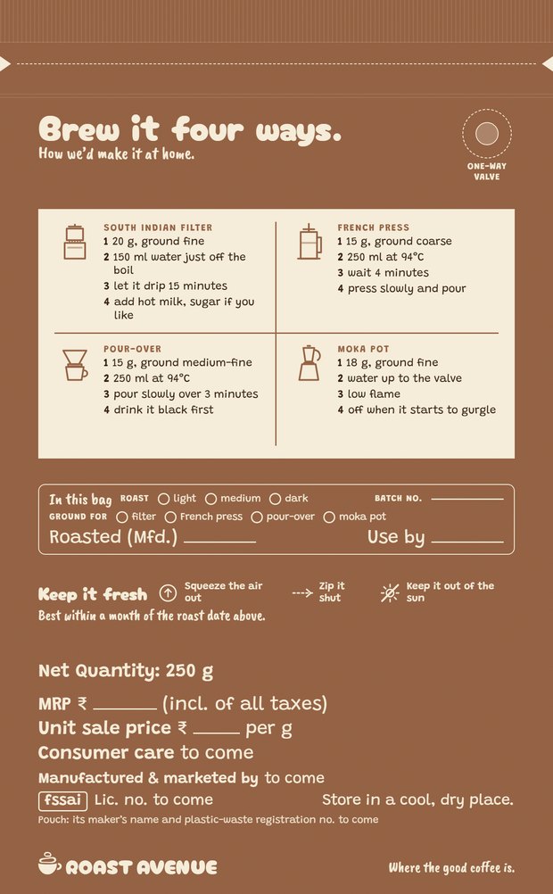 The back of the Chikmagalur pouch: the four recipes, boxes to tick for the roast and the grind, lines for the batch, the roast date and the use-by date, how to keep it fresh, the one-way valve, and the details the law asks for: net quantity, price, unit price, consumer care, who makes it and the food licence.