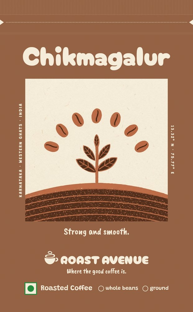 The front of the Chikmagalur pouch: its name at the top, a coffee seedling under seven beans, “Strong and smooth.”, the logo, then the green vegetarian mark beside “Roasted Coffee” with a box each for whole beans and ground.