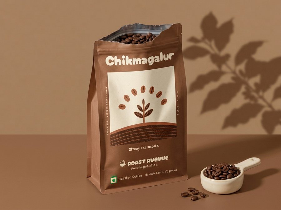 The Chikmagalur pouch standing open on a tan floor, its top torn off and its zip pulled apart, whole roasted beans inside and “whole beans” ticked on its front, a cream scoop of beans in front.