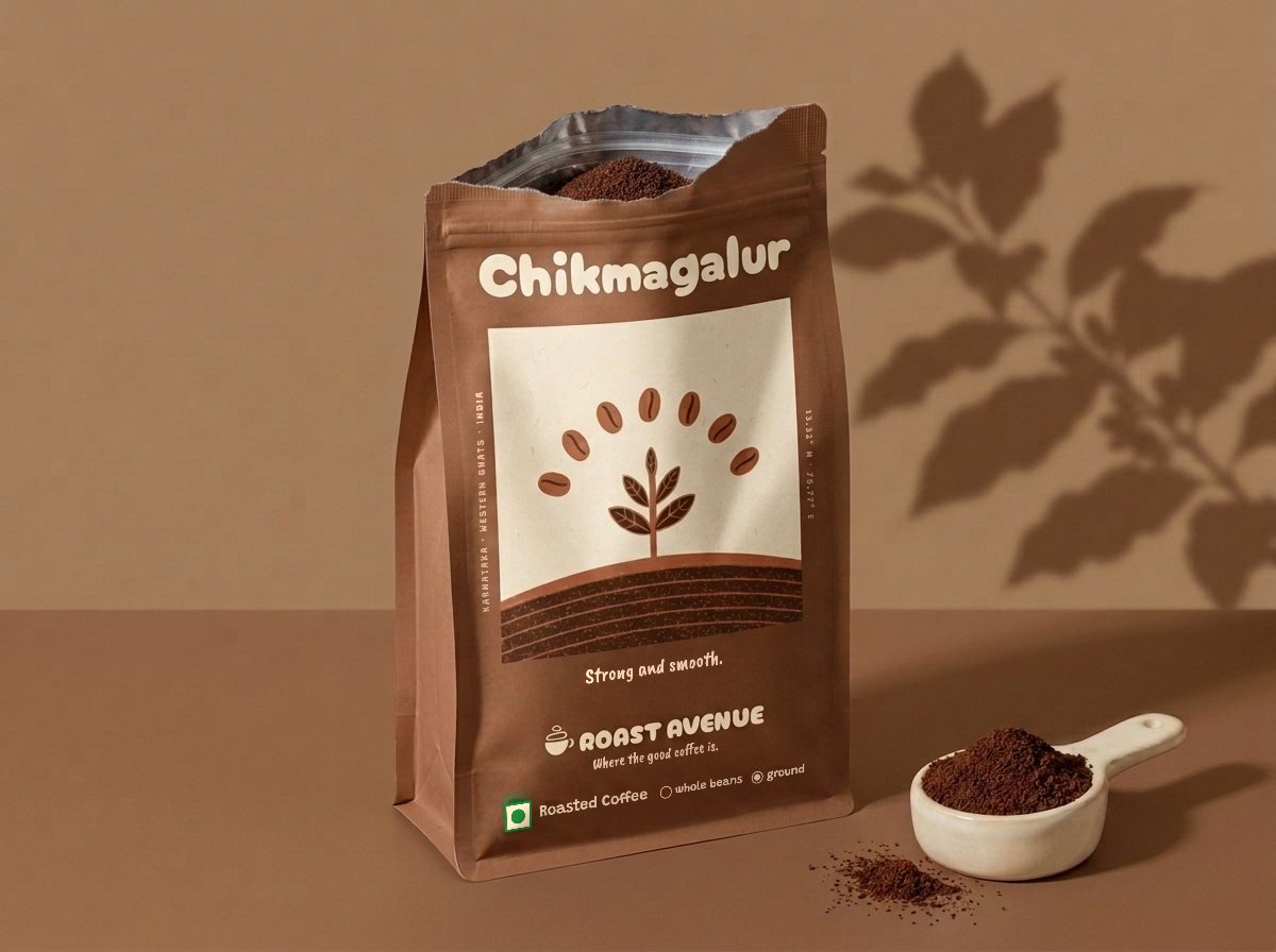 The Chikmagalur pouch standing open on a tan floor, its top torn off and its zip pulled apart, ground coffee inside and “ground” ticked on its front, a cream scoop of ground coffee in front and a pinch spilled beside it.