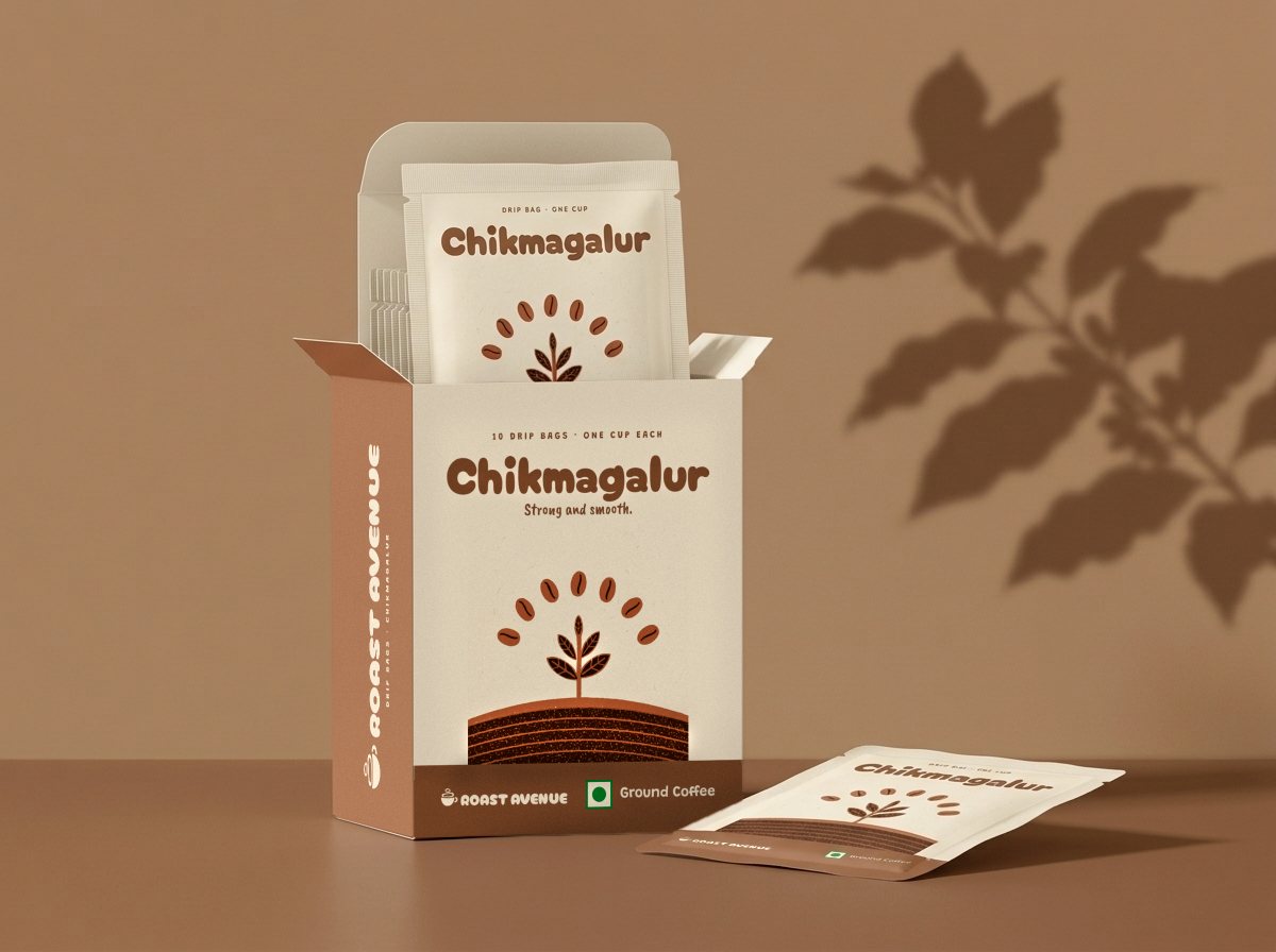 The Chikmagalur box of ten standing open on a tan floor, its flap folded back and one drip bag lifted halfway out, another bag lying in front of it, the shadow of a coffee branch on the wall.