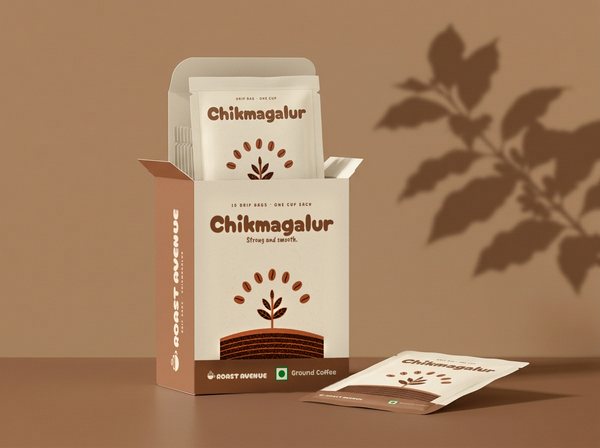 The Chikmagalur box of ten standing open on a tan floor, its flap folded back and one drip bag lifted halfway out, another bag lying in front of it, the shadow of a coffee branch on the wall.